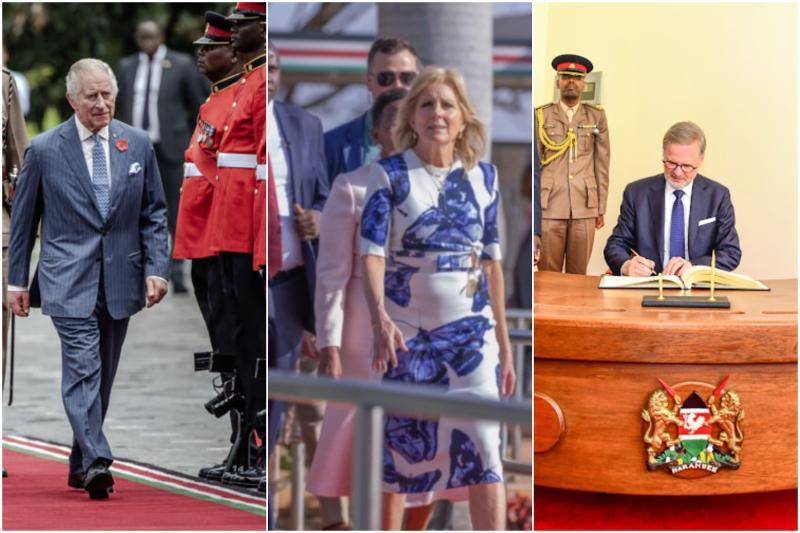 Photo collage of King Charles III, Jill Biden and Petr Fiala.